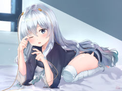 Rule 34 | 1girl, bad id, bad pixiv id, bandaged leg, bandages, bed sheet, black dress, blush, day, dress, fingernails, girls&#039; frontline, hair between eyes, hair ornament, hands up, head tilt, kubong, long hair, long sleeves, looking at viewer, no shoes, one eye closed, open mouth, ribeyrolles (girls&#039; frontline), rubbing eyes, silver hair, solo, sunlight, torn clothes, torn dress, very long hair, wide sleeves, window