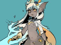 Rule 34 | 1girl, animal ears, bad id, bad pixiv id, bikini, blue background, bright pupils, cape, copyright request, fang, furry, furry female, gloves, grey fur, holding, holding knife, idkuroi, knife, long hair, looking at viewer, orange eyes, parted lips, simple background, solo, standing, swimsuit, white cape, white hair, white pupils, yellow gloves