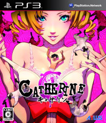 Rule 34 | 1boy, 1girl, atlus, bare shoulders, between breasts, blonde hair, blue eyes, bow, boxers, breasts, catherine, catherine (game), choker, cleavage, cover, drill hair, eyelashes, eyeliner, game console, heart, highres, lingerie, makeup, male underwear, mini person, miniboy, nail polish, official art, open mouth, person between breasts, pink nails, playstation 3, scan, sheep, smile, soejima shigenori, twin drills, twintails, underwear, undressing, upper body, video game cover, vincent brooks, waist bow