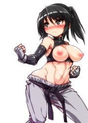 Rule 34 | 1girl, bare shoulders, black eyes, black hair, blush, breastless clothes, breasts, elbow gloves, fighting stance, fingerless gloves, gloves, harigane shinshi, highres, large breasts, midriff, nipples, short hair, solo