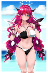 Rule 34 | 1girl, absurdres, aidoruhakase, bead bracelet, beads, bikini, black bikini, blue eyes, blue sky, bracelet, breasts, can, commentary, cowboy shot, crystal wings, day, double halo, drink can, earrings, english commentary, gradient hair, halo, heterochromia, highres, holding, holding can, hololive, hololive english, horns, irys (hololive), jewelry, large breasts, long hair, looking at viewer, multicolored hair, navel, ocean, outdoors, pointy ears, purple eyes, purple hair, red hair, sky, smile, soda can, solo, star halo, stomach, strap gap, swimsuit, two-tone bikini, very long hair, virtual youtuber, white bikini