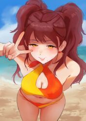 Rule 34 | 1girl, absurdres, bare shoulders, beach, bikini, blue sky, breasts, brown eyes, brown hair, cleavage, cleavage cutout, clothing cutout, earrings, highres, jewelry, kujikawa rise, leaning forward, looking at viewer, medium breasts, n7grey, persona, persona 4, sand, sky, smile, solo, sweat, swimsuit, twintails, v