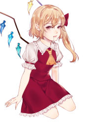 Rule 34 | 1girl, ascot, blonde hair, blood, blood from mouth, bow, expressionless, eyebrows, eyelashes, fingernails, flandre scarlet, hair bow, lips, looking at viewer, no headwear, pointy ears, puffy short sleeves, puffy sleeves, red eyes, red skirt, red vest, sayama (chiwan0830), sharp fingernails, short hair, short sleeves, side ponytail, simple background, sitting, skirt, skirt set, solo, touhou, vest, white background, wings, yokozuwari