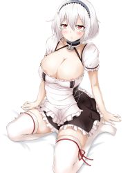 Rule 34 | 1girl, absurdres, anchor choker, apron, azur lane, blush, breasts, choker, cleavage, collarbone, fingernails, frilled apron, frilled choker, frills, hair between eyes, hairband, half-closed eyes, highres, lace-trimmed hairband, lace trim, large breasts, looking at viewer, maid, maid apron, physisyoon, puffy sleeves, red eyes, red ribbon, ribbon, ribbon-trimmed legwear, ribbon trim, short hair, short sleeves, sidelocks, simple background, sirius (azur lane), sitting, solo, thighhighs, waist apron, white apron, white background, white hair, white thighhighs