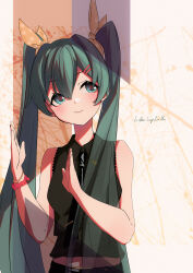 Rule 34 | 1girl, absurdres, blue eyes, blue hair, bracelet, closed mouth, commentary, earrings, hair between eyes, hair ornament, hair ribbon, hairpin, hatsune miku, hcii (user xpgx2238), highres, jewelry, long hair, pants, ribbon, shirt, sleeveless, smile, solo, standing, twintails, vocaloid
