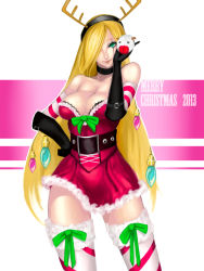 Rule 34 | 10s, 1girl, 2013, alternate hair color, bare shoulders, belt, black gloves, blonde hair, breasts, choker, christmas, cleavage, detached sleeves, dress, elbow gloves, gloves, green eyes, hair ornament, hair over one eye, hand on own hip, highres, katarina (league of legends), kumiko shiba, large breasts, league of legends, long hair, md5 mismatch, merry christmas, nose, poro (league of legends), resized, resolution mismatch, ribbon, scar, short dress, slay belle katarina, smile, solo, source smaller, strapless, strapless dress, striped clothes, striped sleeves, striped thighhighs, thighhighs, upscaled