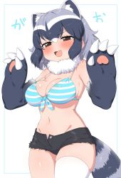 Rule 34 | 1girl, alternate costume, animal ears, bikini, bikini top only, black hair, black shorts, blush, breasts, brown eyes, buttons, cleavage, common raccoon (kemono friends), cowboy shot, detached collar, elbow gloves, extra ears, eyelashes, fake claws, fang, front-tie bikini top, front-tie top, fur collar, gloves, grey hair, hair between eyes, half-closed eyes, hands up, highres, kemono friends, looking at viewer, medium breasts, medium hair, multicolored hair, navel, open clothes, open fly, open mouth, open shorts, panties, panties under shorts, panty peek, parted bangs, raccoon ears, raccoon girl, raccoon tail, ransusan, shiny skin, short shorts, shorts, single thighhigh, skindentation, smile, solo, stomach, strap gap, striped bikini, striped clothes, swimsuit, tail, thighhighs, unbuttoned, underwear, v-shaped eyebrows, white hair, white thighhighs
