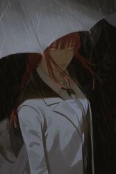 Rule 34 | 1girl, 2others, absurdres, black jacket, black necktie, black suit, braid, chainsaw man, closed mouth, collared shirt, commentary, formal, hair between eyes, highres, jacket, long hair, looking at viewer, makima (chainsaw man), multiple others, necktie, outdoors, rain, red hair, ringed eyes, shadow, shirt, sidelocks, single braid, solo focus, suit, umbrella, upper body, uqi32, white shirt