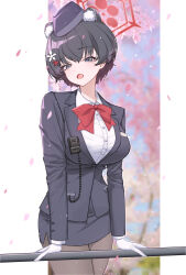 Rule 34 | 1girl, animal ears, black hair, black hat, blue archive, bow, bowtie, breasts, cherry blossoms, danxing aipangzi, extra ears, flag, garrison cap, gloves, grey eyes, hair ornament, halo, hat, highres, large breasts, long sleeves, official alternate costume, open mouth, raccoon ears, raccoon girl, red bow, red bowtie, red halo, shirt, short hair, solo, tour guide, tsubaki (blue archive), tsubaki (guide) (blue archive), walkie-talkie, white gloves, white shirt