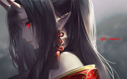 Rule 34 | 1girl, bare shoulders, black hair, blunt bangs, commentary request, earrings, eyelashes, fang, from side, glowing, glowing eyes, half updo, horns, japanese clothes, jewelry, kamui natsuki, kimono, light particles, long hair, looking away, looking down, off shoulder, oni, oni horns, original, parted lips, pointy ears, profile, red eyes, solo, tassel, traditional youkai