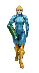 Rule 34 | 1girl, arm cannon, armor, bad id, bad tumblr id, blonde hair, bodysuit, boots, breasts, colorized, commentary, full body, greaves, green eyes, highres, knee boots, lips, long hair, medium breasts, metroid, muscular, muscular female, nikcesco, nintendo, ponytail, samus aran, sidelocks, solo, toned, transparent background, weapon, zero suit