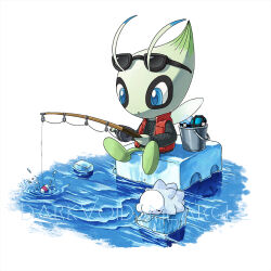 Rule 34 | artist name, blue eyes, celebi, clothed pokemon, commentary, creatures (company), darkvoiddoble, dive ball, eiscue, eiscue (ice), eyewear on head, fishing, fishing rod, game freak, gen 2 pokemon, gen 8 pokemon, holding, holding fishing rod, ice, ice cube, legendary pokemon, long sleeves, mythical pokemon, nintendo, no humans, parted lips, poke ball, pokemon, pokemon (creature), red vest, shirt, sitting, snom, sunglasses, vest, water, watermark, zipper