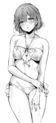 Rule 34 | 1girl, bikini, breasts, greyscale, highres, higuchi madoka, idolmaster, idolmaster shiny colors, jewelry, legs together, looking at viewer, monochrome, navel, necklace, nervous, ribbon, ribbon trim, solo, swimsuit, thigh gap, wet, white background, yutsuki tsuzuri, yuzuki tsuzuru