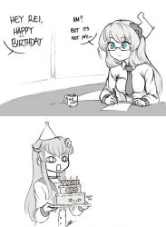 Rule 34 | &lt;o&gt; &lt;o&gt;, 10s, 2girls, 2koma, birthday cake, blue eyes, breasts, cake, candle, choker, closed mouth, collared shirt, comic, cup, d-pad, dress, english text, female focus, food, frown, glasses, hair ornament, hat, holding, holding pen, isaki tanaka, kiseijou rei, long sleeves, medium breasts, monochrome, multiple girls, necktie, nepgyaa, neptune (series), out of character, paper, party hat, pen, profanity, rimless eyewear, sailor dress, shirt, signature, sitting, spot color, square mouth, standing, text focus, tray, wing collar