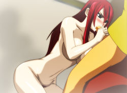 Rule 34 | 1boy, 1girl, breasts, cleavage, cum, erza scarlet, fairy tail, fellatio, kunaix, oral, penis, pubic hair, pussy, red hair, sitting, uncensored
