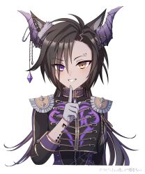 Rule 34 | 1girl, air shakur (belphegor&#039;s prime) (umamusume), air shakur (umamusume), arm tattoo, black hair, black jacket, commentary request, ear covers, ear piercing, eyebrow piercing, gloves, grin, hair between eyes, heterochromia, highres, jacket, long hair, long sleeves, looking at viewer, multicolored clothes, multicolored jacket, official alternate costume, official alternate hairstyle, piercing, purple eyes, purple jacket, simple background, single ear cover, smile, solo, tattoo, toriumi (fioripera14), two-tone jacket, umamusume, upper body, white background, white gloves, yellow eyes