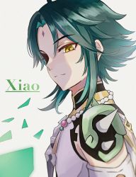 Rule 34 | 1boy, ahoge, bad id, bad pixiv id, beads, black hair, character name, closed mouth, diamond-shaped pupils, diamond (shape), english text, facial mark, forehead mark, genshin impact, green hair, highres, jewelry, long hair, male focus, multicolored hair, necklace, parted bangs, sa fest, shoulder spikes, simple background, solo, spikes, symbol-shaped pupils, white background, xiao (genshin impact), yellow eyes