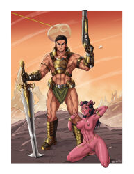 Rule 34 | 1boy, 1girl, a princess of mars, absurdres, adapted costume, alternate costume, armlet, armor, armored boots, armored gloves, barbarian, barsoom, belly chain, body jewelry, boots, bracelet, breasts, charleian, choker, collar, colored skin, commentary, cosplay, costume, crossover, crucible (doom), dahlia, dahlia (day of wrath), dejah thoris, demon, demon girl, demon horns, desert, doom (2016), doom (series), doom eternal, doomguy, english commentary, fantasy, gauntlets, gold, gold bracelet, gold collar, gold ring, gun, headband, headgear, highres, holding, holding another&#039;s leg, holding gun, holding leg, holding sword, holding weapon, horns, jewelry, kneeling, leg grab, loincloth, long hair, looking at viewer, mars (planet), medium breasts, midriff, mountain, multiple rings, muscular, muscular male, necklace, nipples, nude, orange eyes, original, outdoors, panties, pelvic curtain, pussy, red skin, revealing clothes, ring, sand, sandals, science fiction, shotgun, smile, sword, tiefling, underwear, weapon, yellow eyes