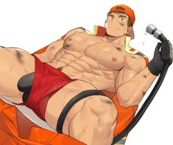 Rule 34 | 1boy, abs, backwards hat, bandaid, bandaid on cheek, bandaid on face, bara, beom liben, black male underwear, brown eyes, brown hair, bulge, closed mouth, clothes pull, erection, erection under clothes, gondom, hat, highres, jacket, jacket on shoulders, large pectorals, lying, male focus, male underwear, muscular, muscular male, navel, nipples, on back, orange jacket, orange pants, original, pants, pants pull, pectorals, red shorts, second-party source, short hair, shorts, smile, solo, thick thighs, thighs, underwear