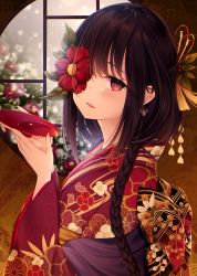 Rule 34 | 1girl, absurdres, alcohol, back bow, bad id, bad pixiv id, blush, bow, braid, commentary request, cup, earrings, floral print, flower, flower eyepatch, flower over eye, from side, hair ornament, hair over shoulder, highres, holding, holding cup, huge filesize, indoors, japanese clothes, jewelry, kimono, kuro namako, leaf hair ornament, long hair, looking at viewer, looking to the side, one eye covered, original, parted lips, print kimono, red eyes, red kimono, sakazuki, sake, single braid, smile, solo, upper body, window, yukata