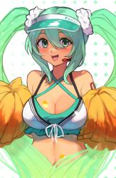 Rule 34 | 1girl, :d, bare shoulders, breasts, cheerleader, cleavage, commentary request, green eyes, green hair, green hat, hair between eyes, hair ornament, hair scrunchie, hat, hatsune miku, headset, highres, long hair, medium breasts, navel, open mouth, pom pom (cheerleading), r123, scrunchie, simple background, smile, solo, star (symbol), starry background, twintails, upper body, very long hair, visor cap, vocaloid, white background, white scrunchie