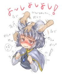Rule 34 | 1girl, @ @, animal ears, blush, capelet, clenched hands, clenched teeth, grey hair, jewelry, long sleeves, mouse ears, nazrin, nose blush, ototobe, pendant, headpat, red eyes, short hair, solo focus, tears, teeth, touhou, translation request, trembling, upper body