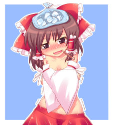 Rule 34 | 1girl, blush, bow, brown eyes, brown hair, cold, collarbone, covering privates, covering breasts, detached sleeves, hair bow, hair tubes, hakurei reimu, ice, ice cream cone, ice pack, sick, skirt, solo, tears, thermometer, touhou, trembling, yukari yukke