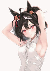 Rule 34 | 1girl, absurdres, alternate costume, animal ears, armpits, arms behind back, arms up, black hair, blush, breasts, closed mouth, collared shirt, commentary, hair ornament, hair ribbon, highres, horse ears, horse girl, kitasan black (umamusume), large breasts, looking at viewer, multicolored hair, nekur, red eyes, red ribbon, ribbon, shirt, short hair, simple background, sleeveless, sleeveless shirt, smile, solo, streaked hair, two-tone hair, two side up, umamusume, upper body, white background, white hair, white shirt