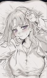 Rule 34 | 1girl, arm up, bed sheet, blush, closed mouth, collarbone, ear blush, ears visible through hair, eyelashes, greyscale, half-closed eyes, highres, long eyelashes, long hair, looking at viewer, lying, maido mido, monochrome, on back, original, pillow, purple eyes, sketch, sleeves past wrists, solo, spot color, upper body