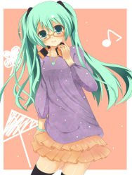 Rule 34 | 1girl, bespectacled, bracelet, female focus, glasses, green eyes, green hair, hatsune miku, headphones, jewelry, long hair, matching hair/eyes, minase kaya, necklace, project diva, project diva (series), project diva 2nd, skirt, smile, solo, thighhighs, twintails, vocaloid