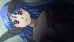 Rule 34 | 1girl, blood, blood on face, blue hair, blunt bangs, convenient censoring, death, empty eyes, feathers, furude rika, game cg, higurashi no naku koro ni, long hair, nude, open mouth, purple eyes, rato, solo, spoilers