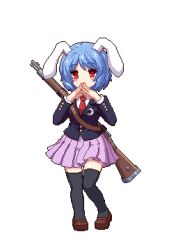 Rule 34 | 1girl, animal ears, black thighhighs, blazer, blue hair, brown footwear, buttoned cuffs, buttons, closed mouth, commentary request, full body, gun, jacket, long sleeves, looking at viewer, lowres, miniskirt, necktie, pixel art, purple skirt, rabbit ears, rabbit girl, red eyes, red necktie, reisen (touhou bougetsushou), rifle, shirt, simple background, skirt, solo, thighhighs, touhou, touhou mystia&#039;s izakaya, weapon, white background, white shirt, youzikk