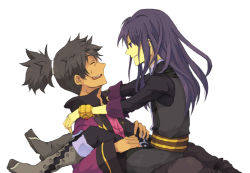 Rule 34 | 00s, 2boys, black eyes, black hair, boots, bracelet, jewelry, knee boots, long hair, male focus, multiple boys, ponytail, raven (tales), simple background, sitting, sitting on person, smile, tales of (series), tales of vesperia, white background, yuri lowell