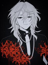 Rule 34 | 18trip, 1boy, black background, black eyes, black shirt, closed mouth, domeki kuguri, earrings, expressionless, flower, grey hair, highres, jewelry, long hair, looking at viewer, male focus, multiple earrings, necklace, partially colored, red flower, shiranuhi, shirt, solo, spider lily