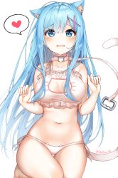Rule 34 | 1girl, :o, animal ear fluff, animal ears, bad id, bad pixiv id, bare arms, bare shoulders, blue eyes, blue hair, breasts, cat cutout, cat ears, cat girl, cat lingerie, cat tail, cleavage, cleavage cutout, clothing cutout, collar, fang, frills, hair ornament, heart, highres, large breasts, long hair, looking at viewer, meme attire, navel, open mouth, panties, re:zero kara hajimeru isekai seikatsu, rem (re:zero), side-tie panties, simple background, solo, spoken heart, stomach, tail, tearing up, tears, thighs, twitter username, underwear, very long hair, white background, x hair ornament, yaya (yayaa 00)