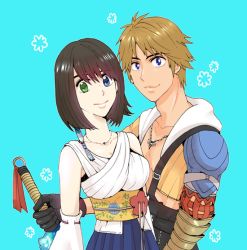 Rule 34 | blonde hair, blue eyes, breasts, brown hair, closed mouth, detached sleeves, final fantasy, final fantasy x, gloves, green eyes, hair ornament, heterochromia, japanese clothes, jewelry, looking at viewer, necklace, short hair, smile, sword, tidus, toaapple, weapon, yuna (ff10)