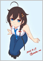 Rule 34 | 1girl, ahoge, black hair, blue eyes, blue necktie, blue skirt, braid, dated, hair flaps, hair ornament, hair over shoulder, invisible chair, kantai collection, long hair, looking at viewer, moke ro, necktie, official art, one-hour drawing challenge, shigure (kancolle), shigure kai ni (kancolle), single braid, sitting, skirt, solo, twitter username