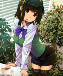 Rule 34 | 1girl, bad drawr id, bad id, bent over, black hair, black thighhighs, bob cut, breasts, brown eyes, coffee, cup, face, female focus, goe, headset, idolmaster, idolmaster (classic), indoors, mole, mole under mouth, nature, office, otonashi kotori, plant, solo, thighhighs