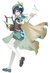 Rule 34 | 1boy, bard, beret, black hair, blue eyes, blue hair, braid, brown footwear, cape, collared cape, commentary, corset, crystalfly (genshin impact), flower, frilled sleeves, frills, full body, genshin impact, gradient hair, green cape, green headwear, green shorts, hat, hat flower, highres, holding, holding instrument, instrument, loafers, lyre, multicolored hair, pantyhose, rusino mu, shirt, shoes, short hair with long locks, shorts, simple background, standing, standing on one leg, twin braids, venti (genshin impact), vision (genshin impact), white background, white shirt