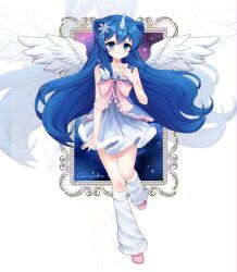 Rule 34 | 1girl, 2000s (style), :3, blue eyes, blue hair, blush, bow, brooch, commentary, contributi0ns, dress, english commentary, feathered wings, full body, gem, highres, horns, jewelry, leg warmers, long hair, original, pink bow, single horn, solo, standing, standing on one leg, unicorn girl, very long hair, white wings, wings, zoom layer