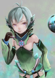 Rule 34 | 1boy, ahoge, bare shoulders, black gloves, closed mouth, drone, floren (xenoblade), gloves, green hair, green leotard, green sleeves, green thighhighs, leotard, lips, looking at viewer, pink eyes, short hair, thighhighs, tomoichi, trap, upper body, xenoblade chronicles (series), xenoblade chronicles 2