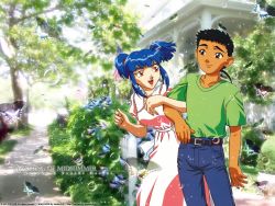 Rule 34 | 1990s (style), 1boy, 1girl, age difference, black hair, blue hair, brown eyes, dress, father and daughter, highres, masaki mayuka, masaki tenchi, retro artstyle, tenchi muyou!, tenchi muyou! manatsu no eve, third-party edit, wallpaper, yellow eyes