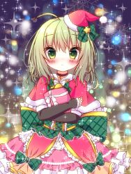 Rule 34 | 1girl, :&lt;, ahoge, bad id, bad pixiv id, blush, bow, capelet, closed mouth, detached sleeves, frilled bow, frills, fur-trimmed capelet, fur-trimmed headwear, fur-trimmed sleeves, fur trim, green bow, green eyes, green hair, hair between eyes, hair bow, hat, highres, himetsuki luna, long hair, long sleeves, mini hat, pink skirt, plaid, plaid bow, red capelet, red hat, santa hat, skirt, sleeves past wrists, snowflakes, soga no tojiko, solo, sparkle, star (symbol), touhou