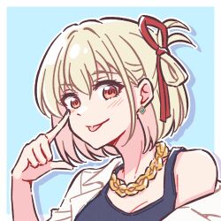 Rule 34 | 1girl, akamirai, blonde hair, chain, earrings, gold chain, jewelry, looking at viewer, lycoris recoil, necklace, nishikigi chisato, portrait, red eyes, red ribbon, ribbon, short hair, single earring, smile, tongue, tongue out