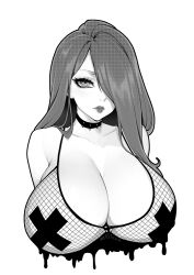 Rule 34 | 1girl, artist name, brassica, breasts, choker, cleavage, collarbone, cross pasties, fishnet bra, greyscale, hair over one eye, large breasts, lips, long eyelashes, long hair, monochrome, original, pasties, photo-referenced, solo, thick lips, upper body