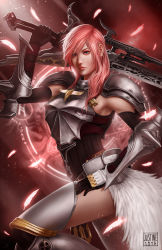 Rule 34 | 10s, 1girl, arm guards, armor, armpits, asymmetrical hair, breastplate, elbow gloves, feathers, final fantasy, final fantasy xiii, final fantasy xiii-2, gloves, greaves, justine tutubi, lightning farron, magic circle, pink hair, pteruges, shoulder pads, solo, weapon