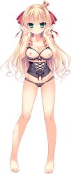 Rule 34 | 1girl, barefoot, black panties, blonde hair, blush, bra, breasts, corset, crown, cupless bra, double v, feet, full body, green eyes, hair intakes, hair ribbon, highres, hinata mutsuki, large breasts, lingerie, long hair, looking at viewer, love love princess, marigold bruette erland, mini crown, nipples, panties, revealing clothes, ribbon, serious, solo, standing, toes, transparent background, underwear, underwear only, v, wori