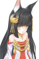Rule 34 | 1girl, animal ears, azur lane, bare shoulders, black hair, blush, fox ears, hair ornament, hajika, highres, hime cut, jewelry, long hair, looking at viewer, nagato (azur lane), necklace, open mouth, rope, shimenawa, solo, upper body, yellow eyes
