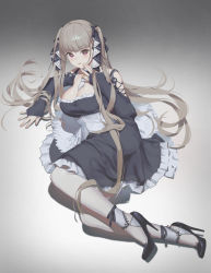 Rule 34 | 1girl, arm up, azur lane, black dress, black footwear, blonde hair, blush, breasts, cleavage, dress, formidable (azur lane), full body, guihuo inferno, hair ribbon, hand on floor, high heels, highres, large breasts, long hair, long sleeves, looking at viewer, lying, on side, open mouth, pantyhose, parted lips, pumps, red eyes, ribbon, shoes, simple background, solo, stiletto heels, twintails, white pantyhose
