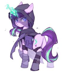 Rule 34 | 1girl, 7hundredt, colored skin, green hair, highres, hood, looking at viewer, multicolored hair, my little pony, my little pony: friendship is magic, purple eyes, purple hair, purple skin, simple background, solo, starlight glimmer, two-tone hair, unicorn, white background
